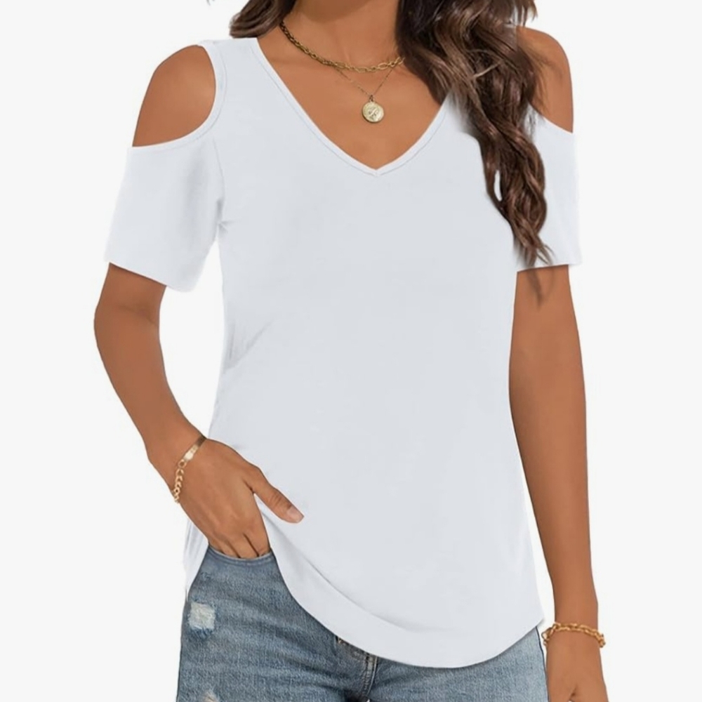 Elesomo Womens V Neck Cold Shoulder Top